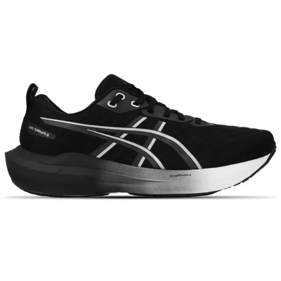 Tênis de corrida masculino Asics Gel-Shogun 8 preto e prata com design moderno e sola emborrachada
